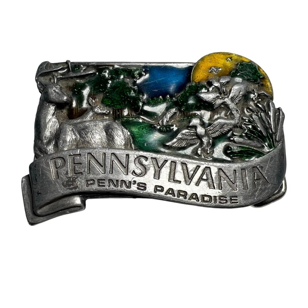 Vintage 80s Bergamot Belt Buckle Enamel Penns Paradise Pennsylvania Hunting